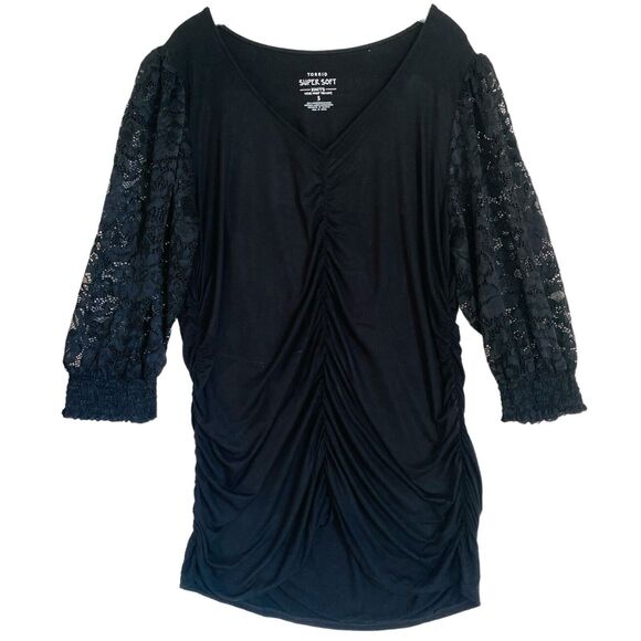 Torrid Super Soft Mini Dress 3X Black Lace V-Neck Ruched Long Sleeve Whimsigoth - Picture 3 of 6